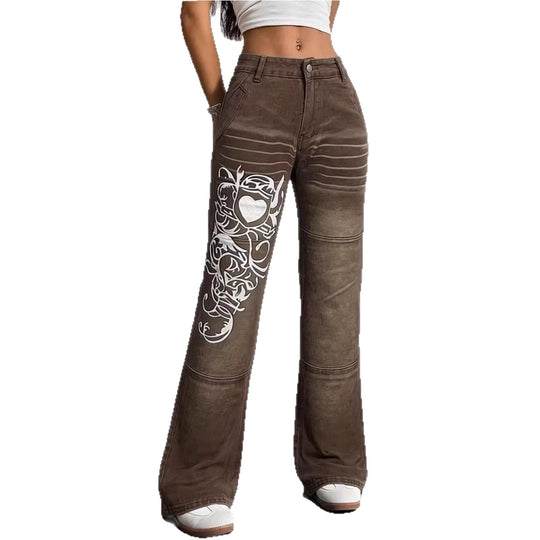 Damen weite Jeans mit kunstvollem Aufdruck R&B
