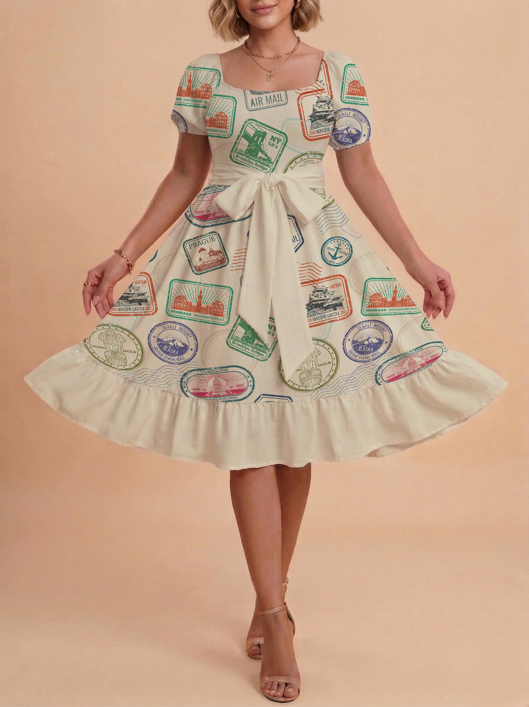 Damen Sommerkleid mit floralem Puffärmel und taillierbarem Gürtel R&B