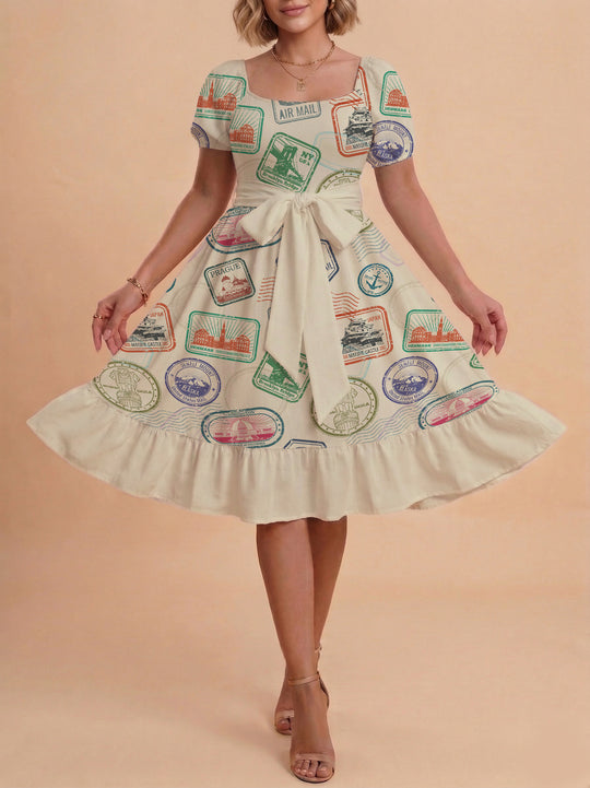 Damen Sommerkleid mit floralem Puffärmel und taillierbarem Gürtel R&B