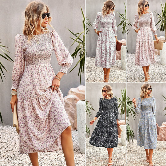 Damen Florales Midi-Kleid mit Geraffter Taille und Langen Ärmeln R&B