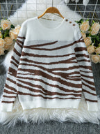 Damen gemütlicher Strickpullover mit modernem Zrastreifen-Muster und komfortablem Schnitt