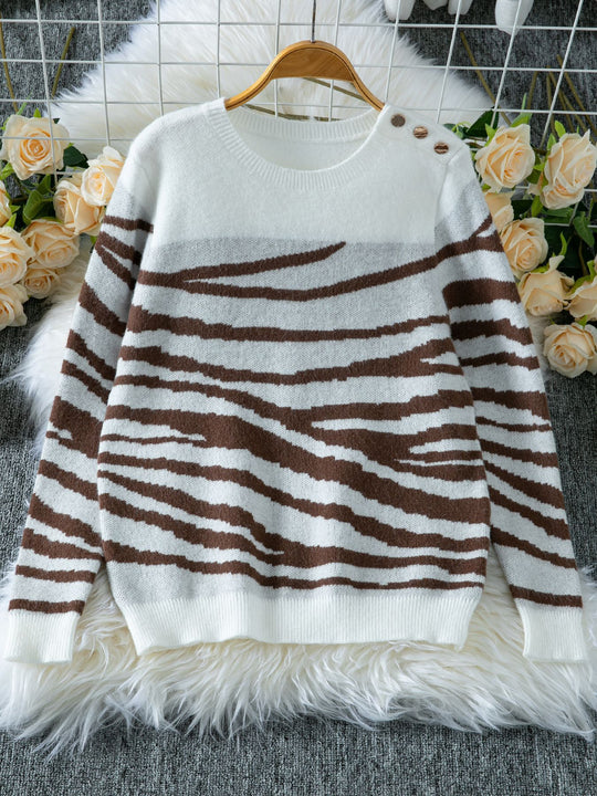 Damen gemütlicher Strickpullover mit modernem Zebrastreifen-Muster und komfortablem Schnitt R&B