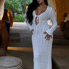 Damen luftiges Häkel-Strandkleid mit V-Ausschnitt und Schnüroptik R&B