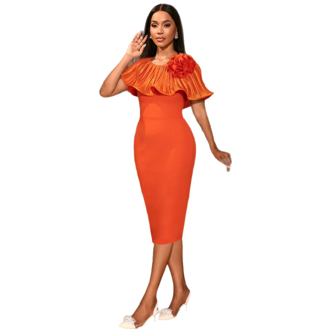 Damen figurbetontes Kleid mit voluminösem Kragen und floraler Applikation R&B