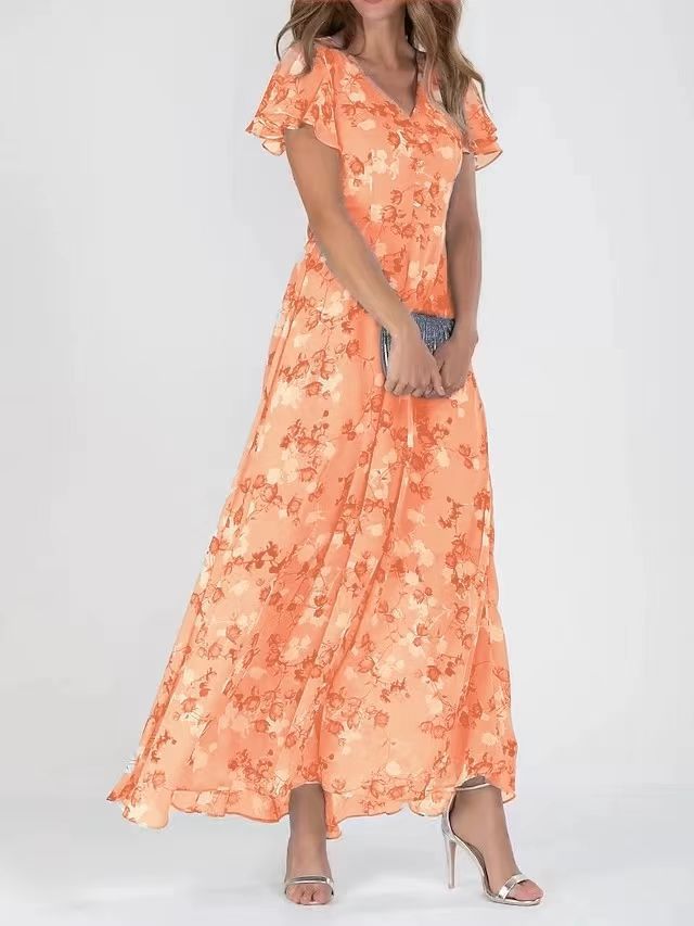 Damen Maxikleid mit floralem Chiffon-Stoff und transparenten Ärmeln R&B