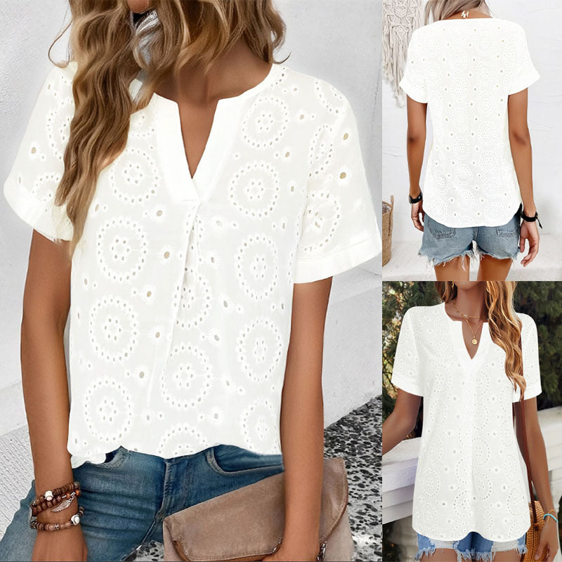 Damen Bluse mit floralen Lochstickereien und V-Ausschnitt R&B