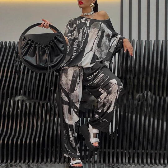 Damen nan zweiteiliges weites Satin-Freizeit-Set mit schulterfreiem Fledermaus-Top und Palazzohose R&B