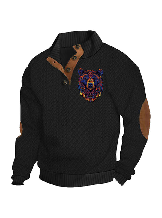 Herren nan Heritage-Strukturpullover mit Stehkragen Lederimitat-Besatz Ellenbogen-Patches und Halbknopfleiste R&B