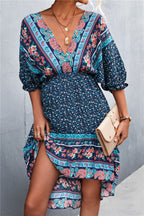 Damen Langarmkleid mit boho-inspiriertem Druck und elastischem Bund R&B