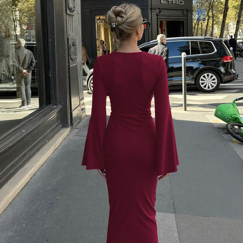 Damen Elegantes Maxikleid mit geschwungenem Saum und lässigen Fledermausärmeln
