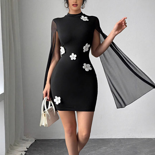 Damen figurbetontes Kleid mit transparenter Umarmung und Blumenapplikationen R&B