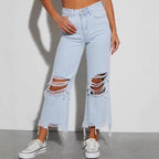 Damen Mom Jeans mit ausgefranstem Saum und Rippen-Details R&B