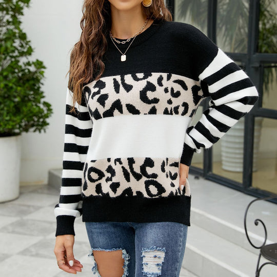 Damen modischer Pullover mit auffälligem Leopardenmuster und gestreiften Ärmeln R&B