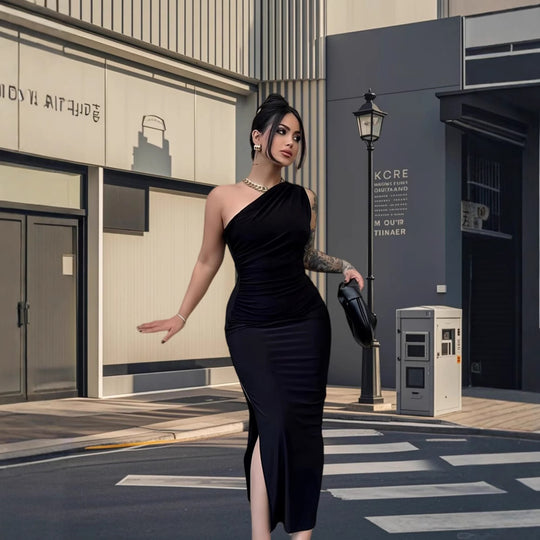 Damen Elegantes Wickelkleid mit asymmetrischem Schnitt und schimmerndem Oberteil R&B