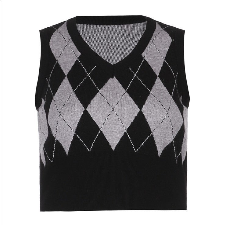 Damen cropped Stricktop mit modernem Rautenmuster R&B