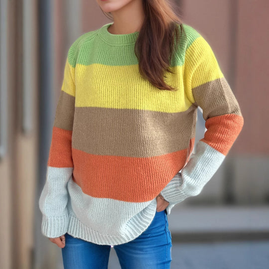 Damen lässiger Strickpullover mit bunten Blockstreifen und weitem Schnitt R&B