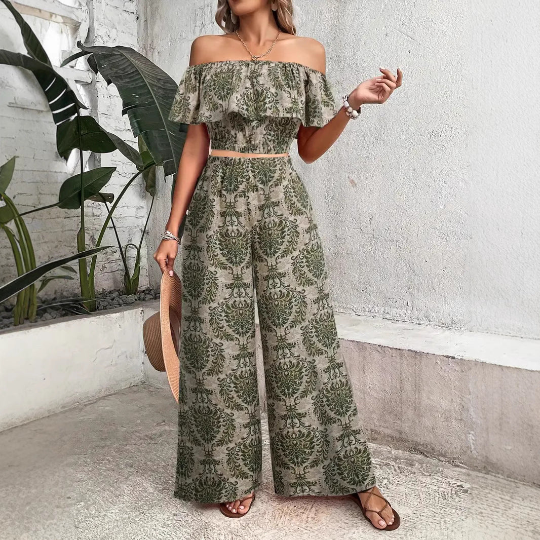 Damen Zweiteiliges Palmwedel-Outfit mit schulterfreiem Top und weitem Schnitt R&B