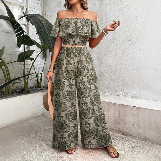 Damen Zweiteiliges Palmwedel-Outfit mit schulterfreiem Top und weitem Schnitt R&B