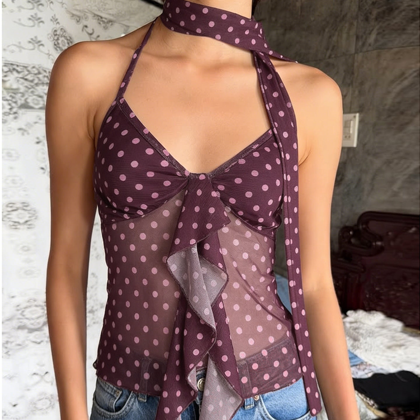 Damen luftiges Haltertop mit verspieltem Punkte-Design und Rüschendetails R&B