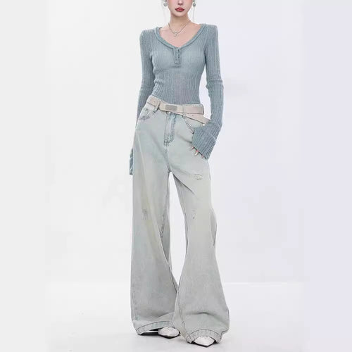 Damen Elegante Weitbein-Jeans mit modischen Akzentuierungen und hohem Bund R&B