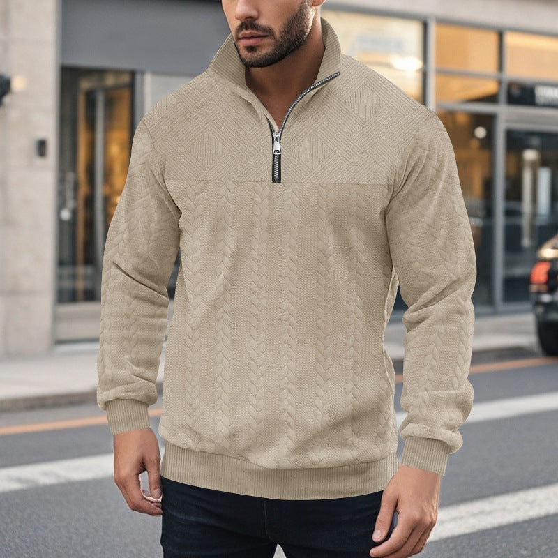 Herren Strickpullover mit halbem Reißverschluss und strukturierter Oberfläche R&B