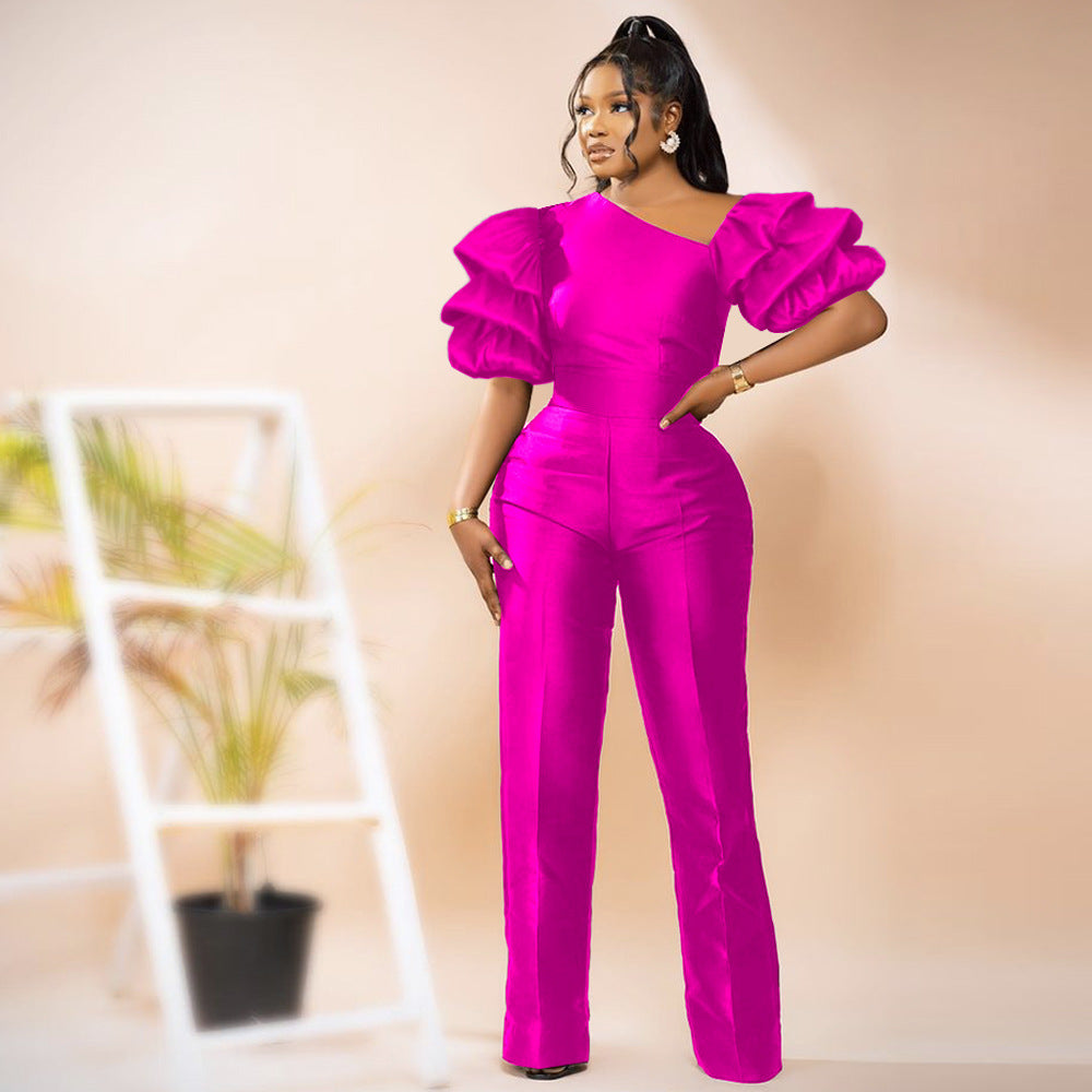 Damen Eleganter Jumpsuit mit asymmetrischen Puffärmeln R&B