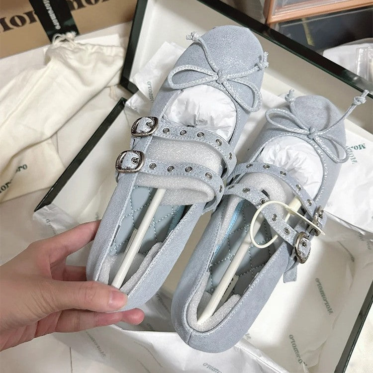 Damen Ballerinas mit doppeltem Riemendesign und zartem Schleifendetail