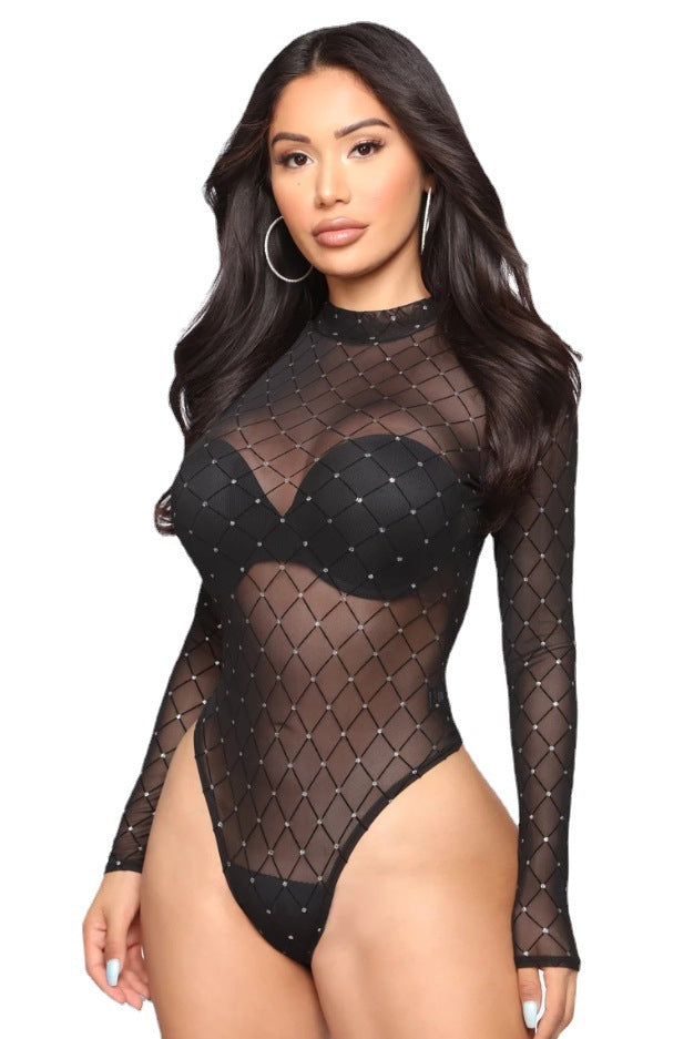 Damen Langärmeliger Bodysuit mit funkelndem Netzdesign R&B