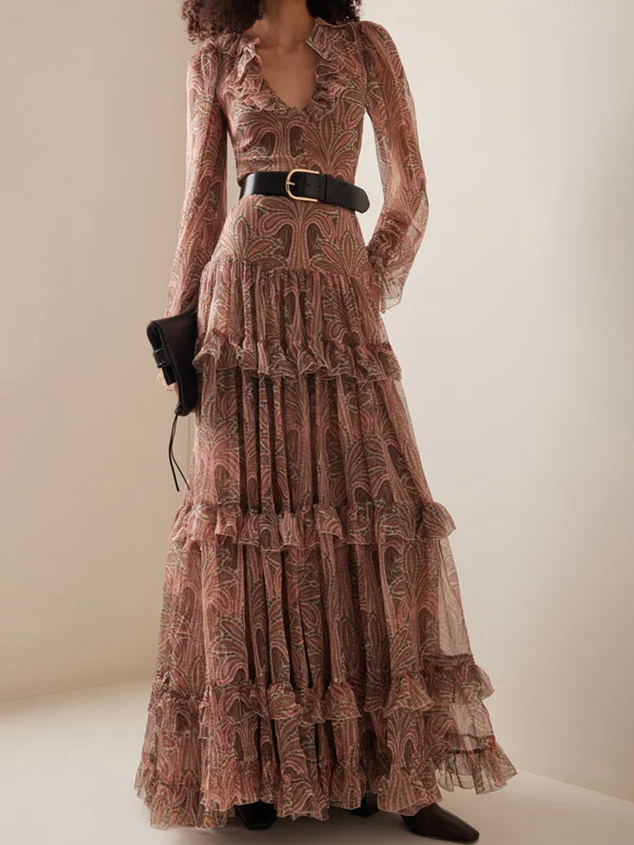 Damen Maxikleid mit rüschenverziertem Gewe und elegantem V-Ausschnitt