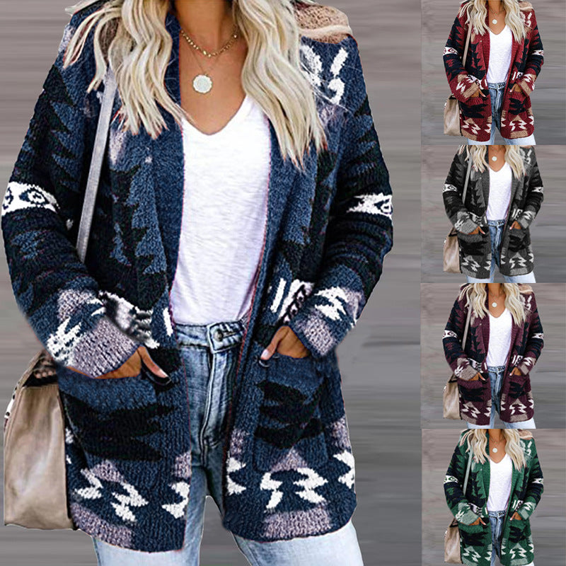 Damen Strickjacke im modernen Ethno-Design mit aufgesetzten Taschen und lässigem Schnitt R&B
