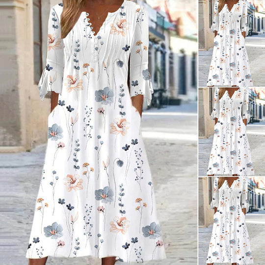 Damen nan fließendes Midikleid mit V‑Ausschnitt, Zierknopfleiste, Brustbiesen, Schleifenärmeln und Eingrifftaschen R&B