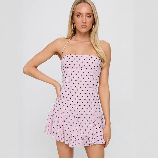 Damen nan schulterfreies Neckholder-Minikleid mit taillierter Korsage und ausgestelltem Volantrock R&B