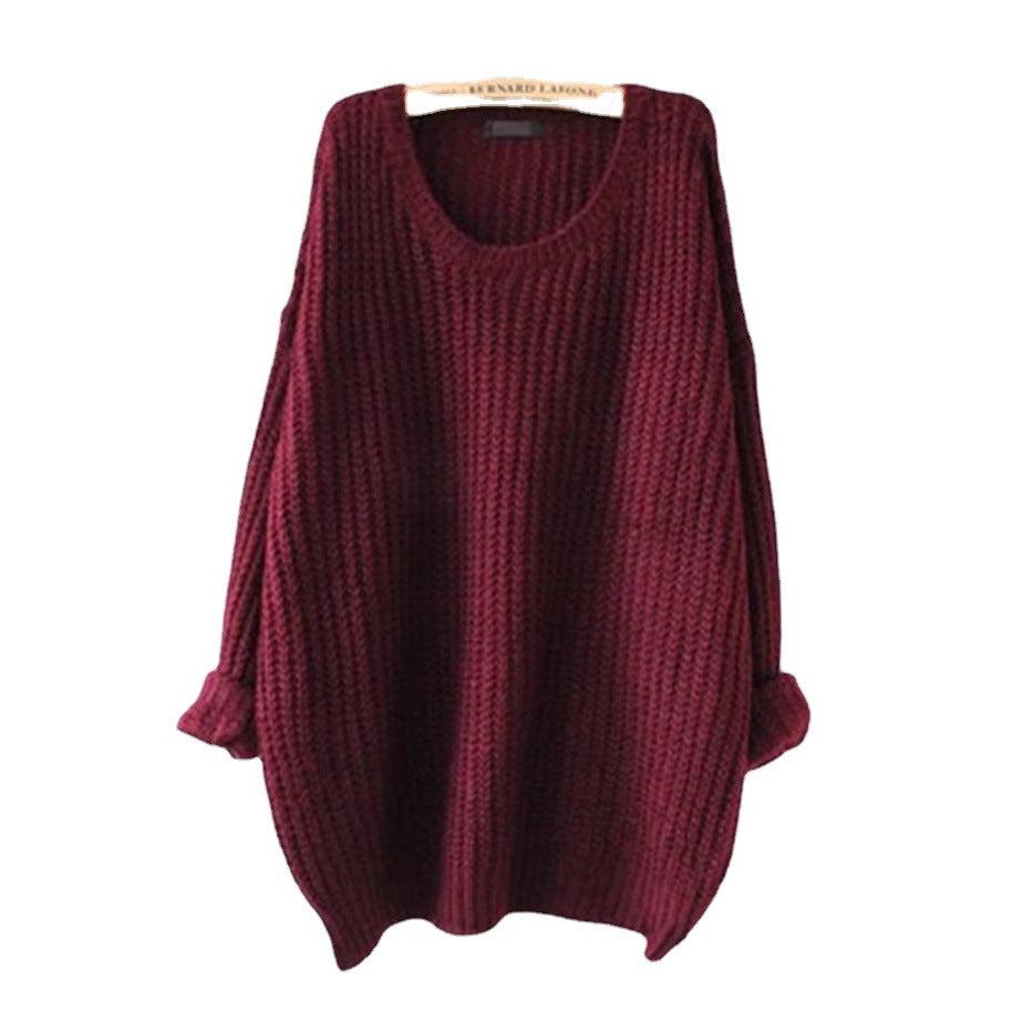 Damen Grobstrickpullover mit weiten Ärmeln und tiefem Rundhalsausschnitt R&B