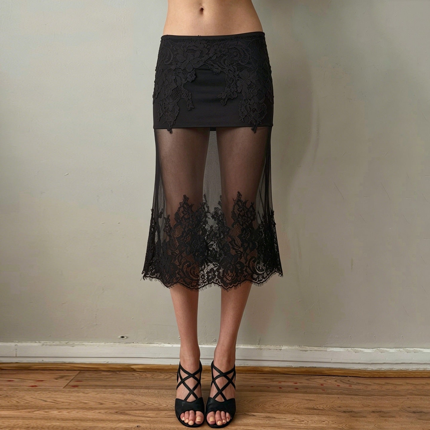 Damen Spitzenrock mit transparentem Unterkleid und verzierten Rüschen R&B