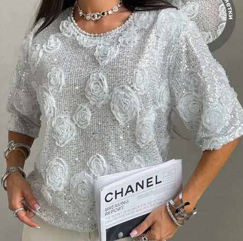 Damen nan elegante Paillettenbluse mit dreidimensionalen Rosenapplikationen, Rundhalsausschnitt und halblangen Ärmeln R&B