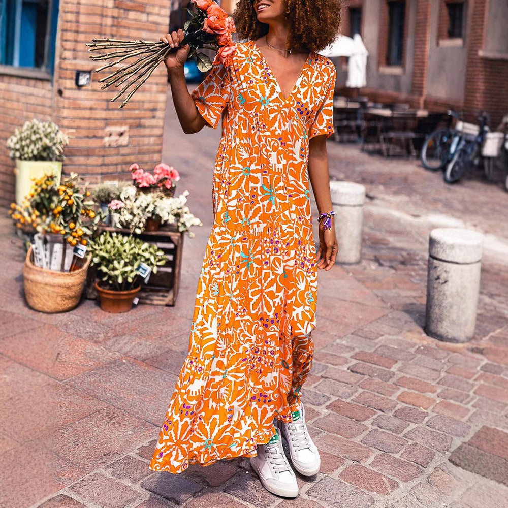 Damen nan knöchellanges V-Ausschnitt-Maxikleid mit grafischem Ethno-Print, kurzen Ärmeln und schwingender Volantbahn R&B