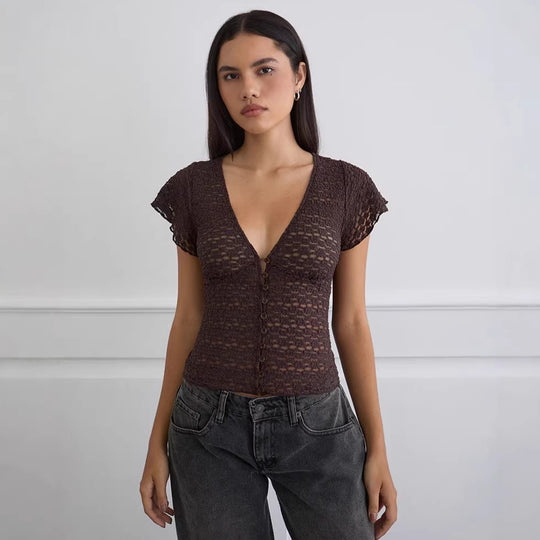 Damen Verspieltes Spitzenoberteil mit fließendem Design und kurzen Puffärmeln R&B