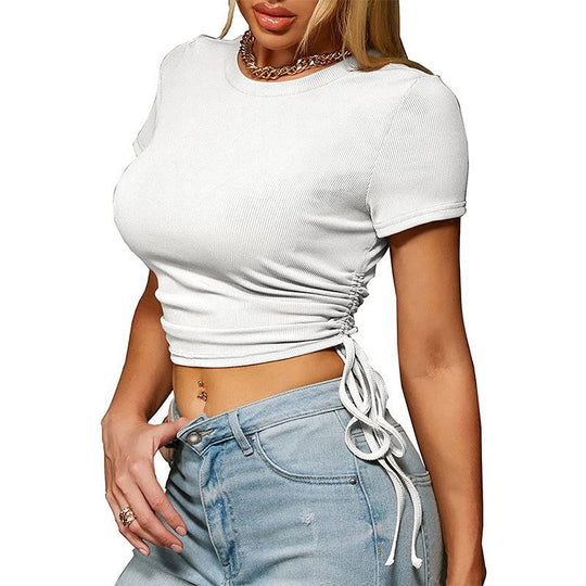 Damen trendiges Cropped T-Shirt mit Raffung und Bändchen R&B