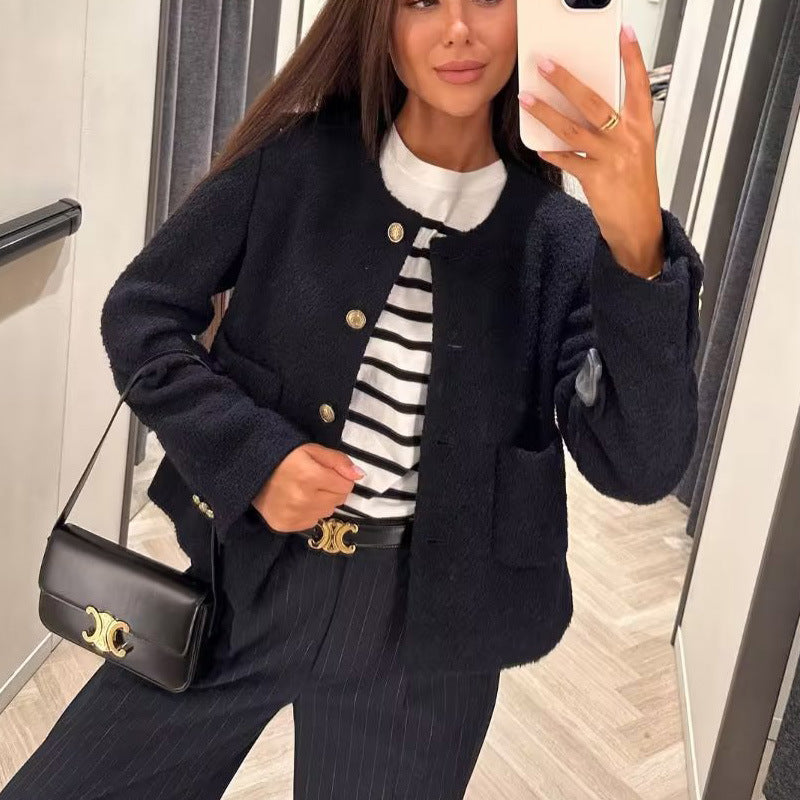 Damen elegante Kurzjacke mit dekorativen Knopfdetails und praktischen Taschen R&B