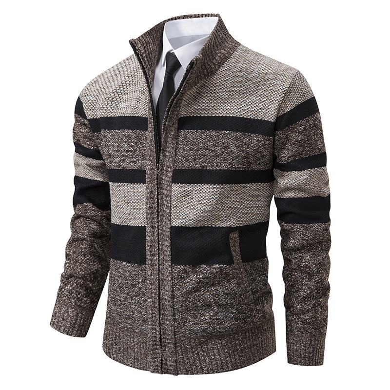 Herren Strickjacke mit Stehkragen und modernem Streifenmuster R&B