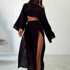Damen luftiges Set aus cropped Oberteil und hoch geschnittenem Rock R&B