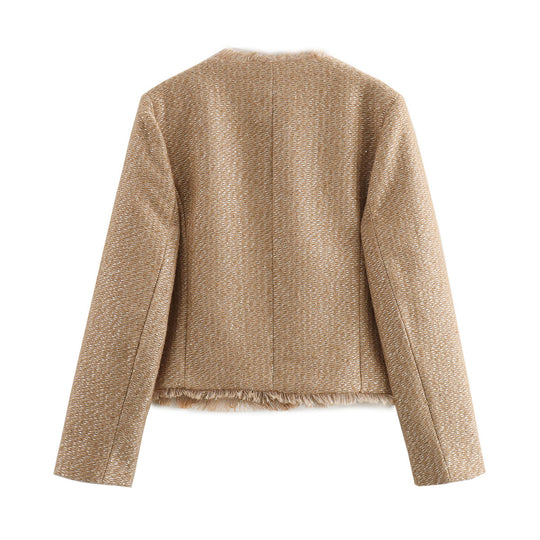 Damen elegante kurz geschnittene Blazerjacke mit strukturiertem Gewebe und goldenen Knopfdetails R&B