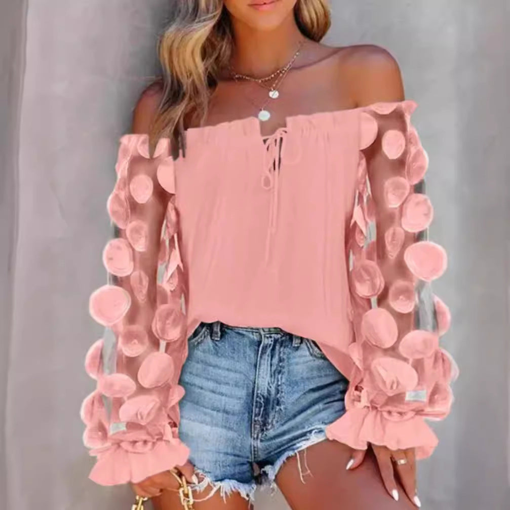 Damen nan schulterfreies Carmen-Top mit transparenten Organza-Ärmeln, kreisförmigen Applikationen und Volantmanschetten R&B