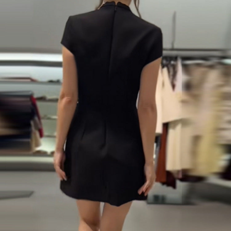 Damen elegantes Minikleid mit Hemdkragen und transparentem Einschnitt R&B