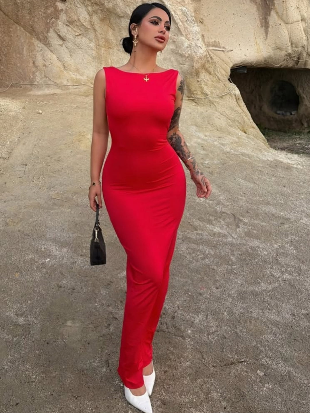 Damen körperbetontes Maxikleid mit schönem U-Boot-Ausschnitt und bequemen Tragekomfort R&B