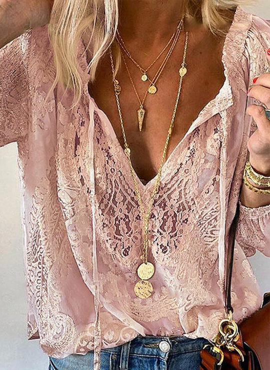 Damen Elegante und feminine Bluse mit V-Ausschnitt und Spitzenakzenten R&B
