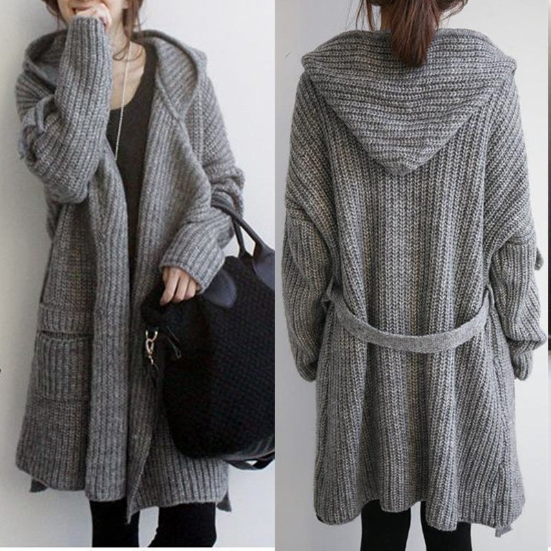 Damen Hüttenstrickmantel mit Gürtel und großen Taschen R&B