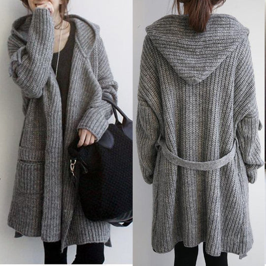 Damen Hüttenstrickmantel mit Gürtel und großen Taschen R&B