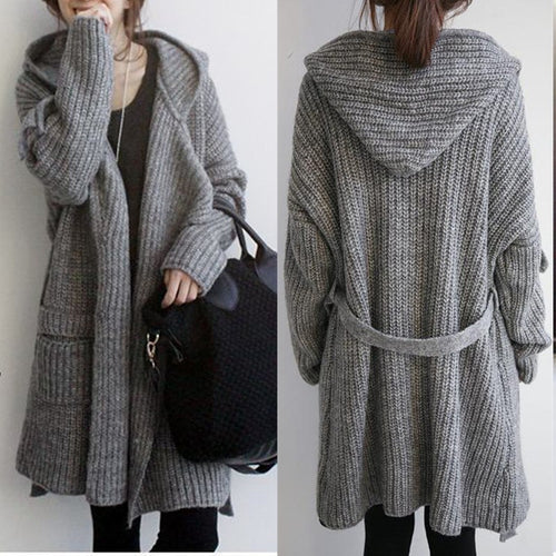 Damen Hüttenstrickmantel mit Gürtel und großen Taschen R&B