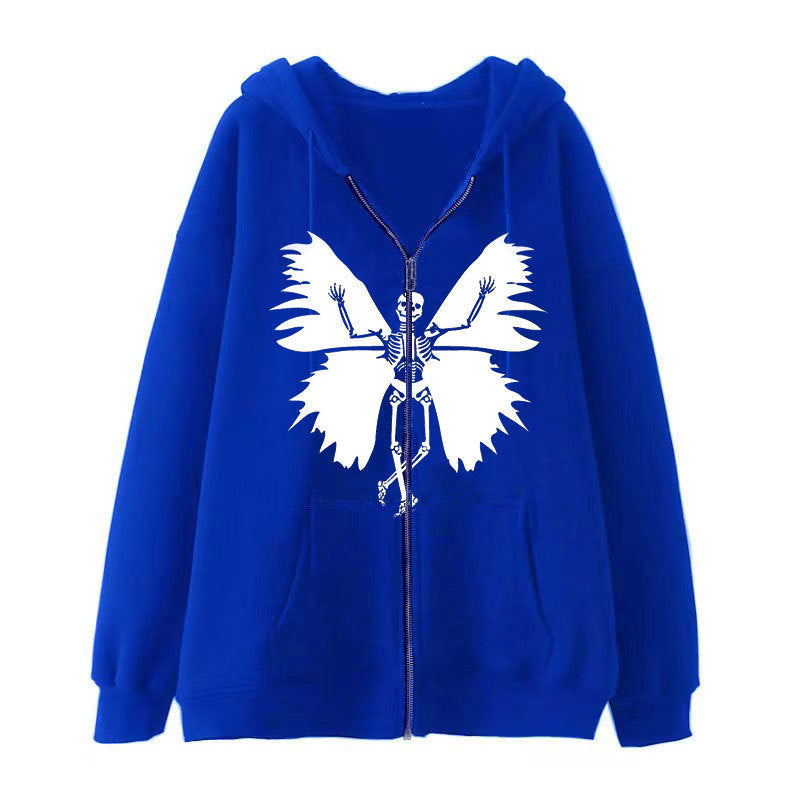 Damen Zip-Hoodie mit einzigartigem Skelett- und Schmetterlingsmotiv